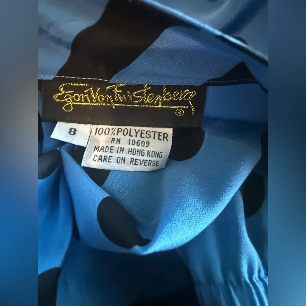 Vintage. Egon von Furstenberg. Polka Dot/Stripe Belted Shirt Dress. Blue/Black 8 - Picture 3 of 10